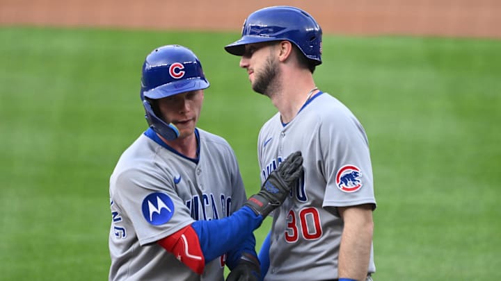 Jun 5, 2025; Washington, District of Columbia, USA; Chicago Cubs center fielder Pete Crow-Armstrong (4) celebrates at home plate with right fielder Kyle Tucker (30) after hitting a home run during the first inning against the Washington Nationals at Nationals Park. 