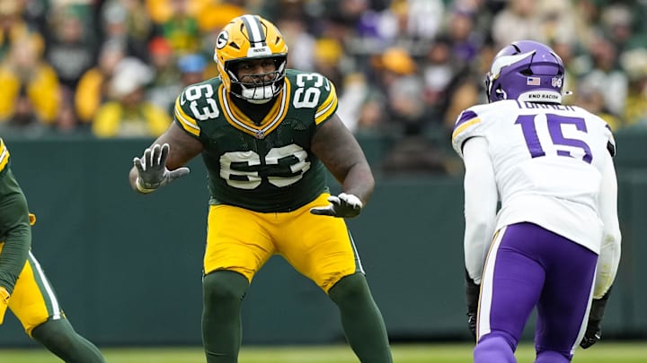 Nov 23, 2025; Green Bay, Wisconsin, USA; Green Bay Packers offensive tackle Rasheed Walker (63) during the game against the Minnesota Vikings at Lambeau Field. Mandatory Credit: Jeff Hanisch-Imagn Images Nov 23, 2025; Green Bay, Wisconsin, USA; Green Bay Packers offensive tackle Rasheed Walker (63) during the game against the Minnesota Vikings at Lambeau Field. Mandatory Credit: Jeff Hanisch-Imagn Images