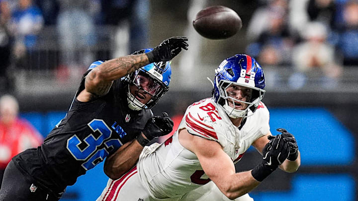 Detroit Lions safety Brian Branch (32) defends New York Giants tight end Daniel Bellinger (82) 