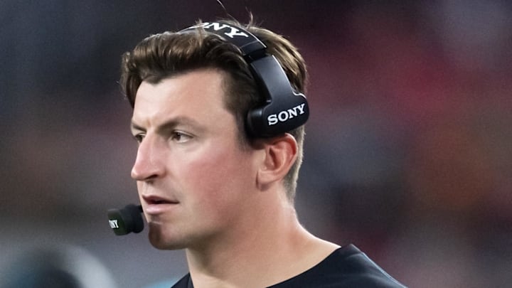 Nov 23, 2025; Glendale, Arizona, USA; Jacksonville Jaguars offensive coordinator Grant Udinski against the Arizona Cardinals at State Farm Stadium. Mandatory Credit: Mark J. Rebilas-Imagn Images
