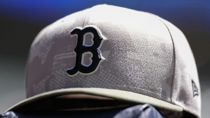 May 26, 2025; Milwaukee, Wisconsin, USA;  General view of a Boston Red Sox hat during warmups prior the game against the Milwaukee Brewers at American Family Field. 