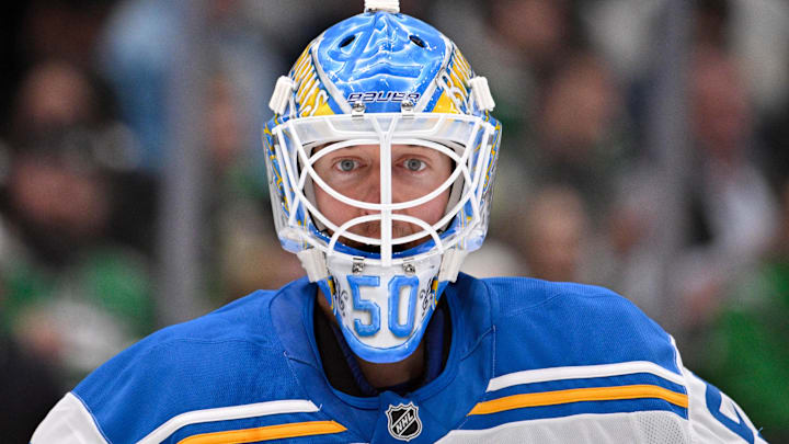 Jan 23, 2026; Dallas, Texas, USA; St. Louis Blues goaltender Jordan Binnington (50) looks on during the second period against the Dallas Stars at the American Airlines Center. Mandatory Credit: Jerome Miron-Imagn Images Jan 23, 2026; Dallas, Texas, USA; St. Louis Blues goaltender Jordan Binnington (50) looks on during the second period against the Dallas Stars at the American Airlines Center. Mandatory Credit: Jerome Miron-Imagn Images