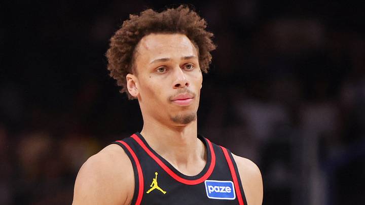 Atlanta Hawks guard Dyson Daniels (5) reacts against the Golden State Warriors at State Farm Arena on March 21, 2026.
