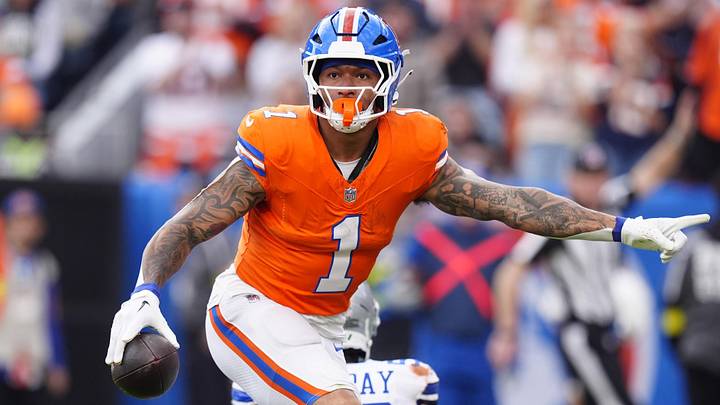Oct 26, 2025; Denver, Colorado, USA;  Denver Broncos tight end Evan Engram (1) runs against the Dallas Cowboys in the second half at Empower Field at Mile High. 