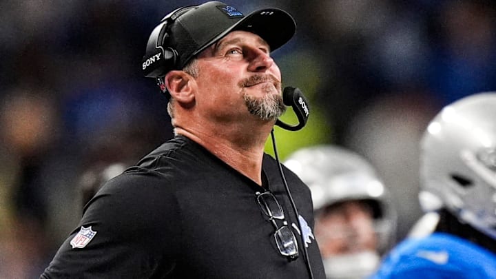 Detroit Lions head coach Dan Campbell reacts to a play against the Green Bay Packers during the first half at Ford Field in Detroit on Thursday, Nov. 27, 2025.