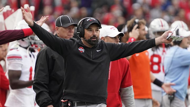 Nov 16, 2024; Chicago, Illinois, USA; Ohio State Buckeyes head coach Ryan Day gestures to the officials against the Northwestern Wildcats during the second half at Wrigley Field. Mandatory Credit: David Banks-Imagn Images Nov 16, 2024; Chicago, Illinois, USA; Ohio State Buckeyes head coach Ryan Day gestures to the officials against the Northwestern Wildcats during the second half at Wrigley Field. Mandatory Credit: David Banks-Imagn Images