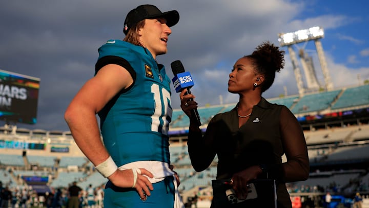 Jacksonville Jaguars quarterback Trevor Lawrence (16) is interviewed by CBS Sports’ Tiffany Blackmon after the game of an NFL football matchup at EverBank Stadium, Sunday, Dec. 14, 2025, in Jacksonville, Fla. The Jaguars defeated the Jets 48-20. [Corey Perrine/Florida Times-Union]