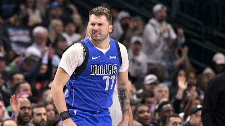 Dec 25, 2024; Dallas, Texas, USA; Dallas Mavericks guard Luka Doncic (77) celebrates during the game between the Dallas Mavericks and the Minnesota Timberwolves at the American Airlines Center. Mandatory Credit: Jerome Miron-Imagn Images
