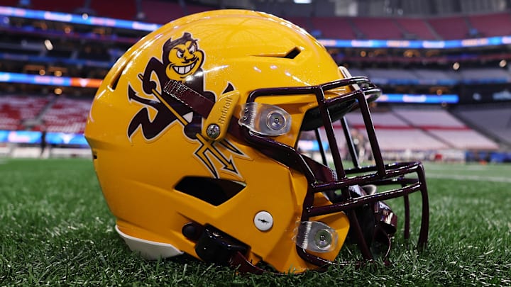 Jan 1, 2025; Atlanta, GA, USA; A detail view of an Arizona State Sun Devils helmet before the Peach Bowl at Mercedes-Benz Stadium. Mandatory Credit: Brett Davis-Imagn Images