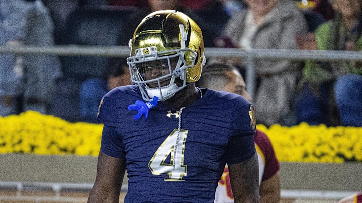 Oct 18, 2025; South Bend, Indiana, USA; Notre Dame Fighting Irish running back Jeremiyah Love (4)  in the first half against the Southern California Trojans at Notre Dame Stadium. Mandatory Credit: Trevor Ruszkowski-Imagn Images