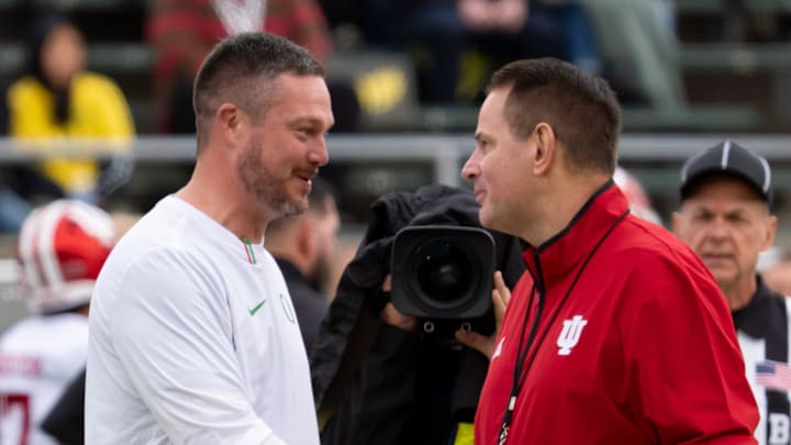 Oregon head coach Dan Lanning, left, shakes hands with Indiana head coach Curt Cignetti as the Oregon Ducks host the Indiana Hoosiers Oct. 11, 2025, at Autzen Stadium in Eugene, Oregon. Oregon head coach Dan Lanning, left, shakes hands with Indiana head coach Curt Cignetti as the Oregon Ducks host the Indiana Hoosiers Oct. 11, 2025, at Autzen Stadium in Eugene, Oregon.