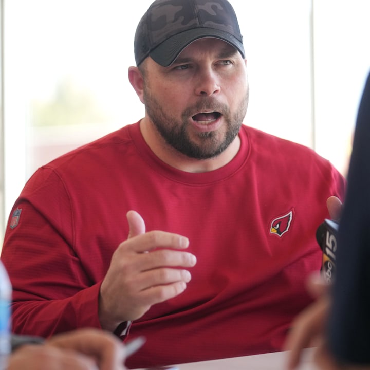 Arizona Cardinals offensive line coach Klayton Adams speaks with the media as he is introduced as a new hire.