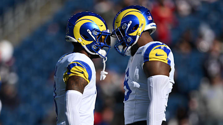 Nov 17, 2024; Foxborough, Massachusetts, USA; Los Angeles Rams linebacker Jared Verse (8) and safety Kamren Curl (3) meet before a game against the New England Patriots at Gillette Stadium. Mandatory Credit: Brian Fluharty-Imagn Images Nov 17, 2024; Foxborough, Massachusetts, USA; Los Angeles Rams linebacker Jared Verse (8) and safety Kamren Curl (3) meet before a game against the New England Patriots at Gillette Stadium. Mandatory Credit: Brian Fluharty-Imagn Images