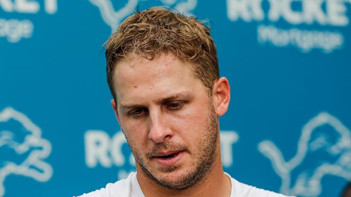 Detroit Lions quarterback Jared Goff answers a question from a media member during the first day of training camp in 2022