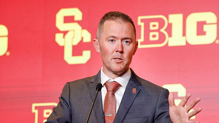 Jul 28, 2026; Chicago, IL, USA; USC Football head coach Lincoln Riley speaks during Media Days at Hilton Chicago. Jul 28, 2026; Chicago, IL, USA; USC Football head coach Lincoln Riley speaks during Media Days at Hilton Chicago.