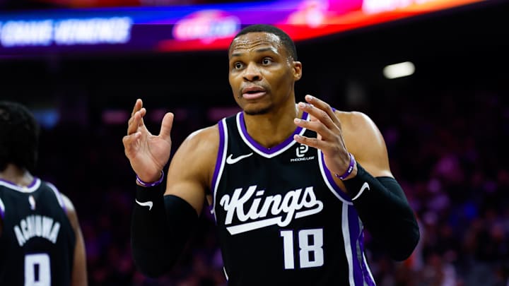 Jan 14, 2026; Sacramento, California, USA; Sacramento Kings guard Russell Westbrook (18) reacts after a call during the second quarter against the New York Knicks at Golden 1 Center.