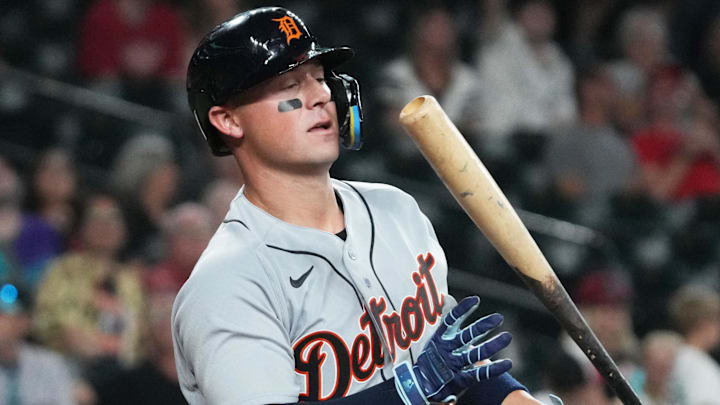 Mar 30, 2026; Phoenix, Arizona, USA; Detroit Tigers first baseman Spencer Torkelson (20) reacts after missing a pitch against the Arizona Diamondbacks in the ninth inning at Chase Field. Mandatory Credit: Rick Scuteri-Imagn Images
