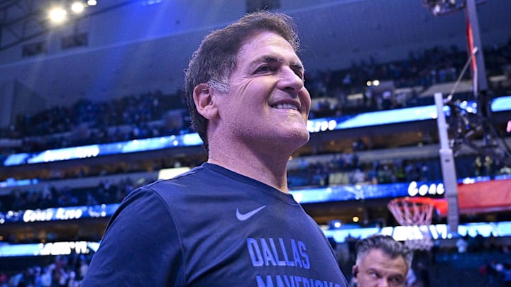 Apr 4, 2024; Dallas, Texas, USA; Mark Cuban walks off the court after the Mavericks defat the Atlanta Hawks at the American Airlines Center. Mandatory Credit: Jerome Miron-Imagn Images