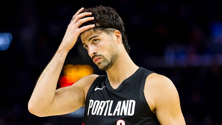 Oct 8, 2025; San Francisco, California, USA;  Portland Trail Blazers forward Deni Avdija (8) reacts during the second quarter against the Golden State Warriors at Chase Center. Mandatory Credit: John Hefti-Imagn Images