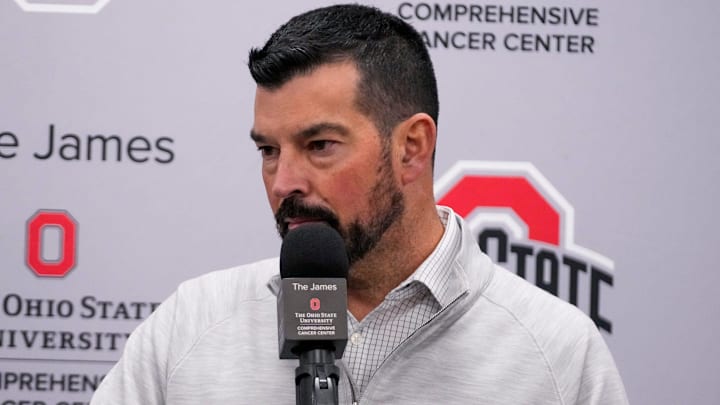 Ohio State Buckeyes head coach Ryan Day speaks to the media at the Woody Hayes Athletic Center on Tuesday, Nov. 26, 2024 in Columbus, Ohio.