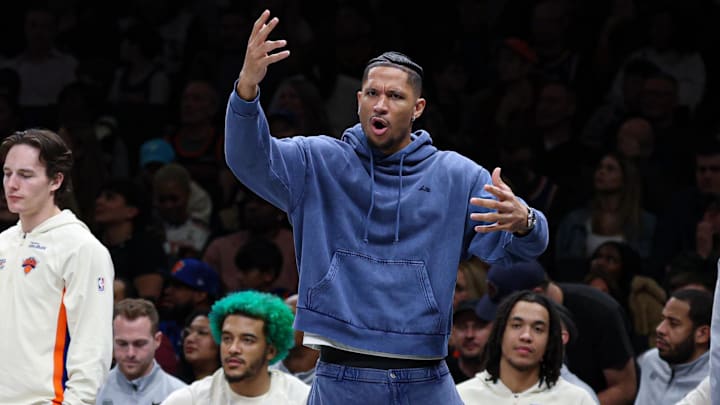 Mar 20, 2026; Brooklyn, New York, USA; New York Knicks guard Josh Hart (3) reacts during the second half against the Brooklyn Nets at Barclays Center. Mandatory Credit: Vincent Carchietta-Imagn Images
