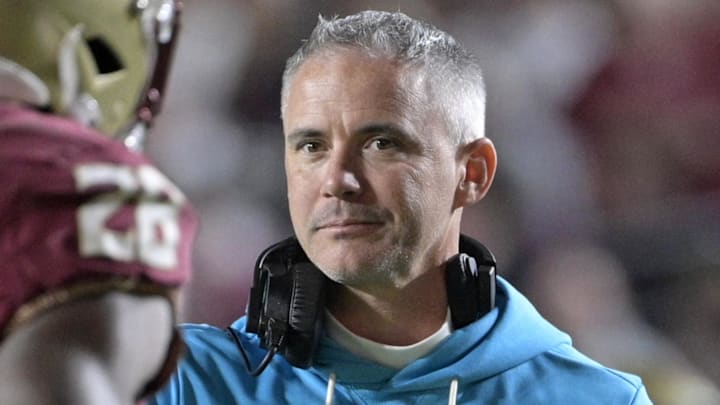 Nov 1, 2025; Tallahassee, Florida, USA; Florida State Seminoles head coach Mike Norvell celebrates a touchdown during the fourth quarter against the Wake Forest Demon Deacons at Doak S. Campbell Stadium. Mandatory Credit: Melina Myers-Imagn Images