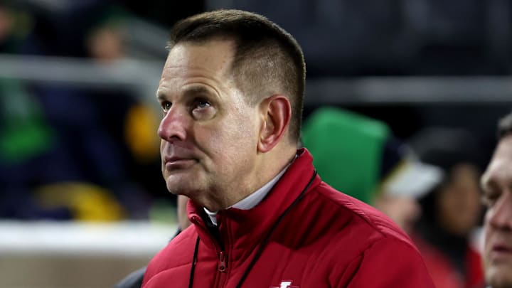 Dec 20, 2024; Notre Dame, Indiana, USA; Indiana Hoosiers head coach Curt Cignetti before a first round playoff game against the Notre Dame Fighting Irish at Notre Dame Stadium. Mandatory Credit: Trevor Ruszkowski-Imagn Images