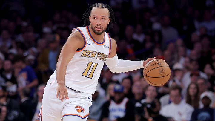 Oct 20, 2026; New York, New York, USA; New York Knicks guard Jalen Brunson (11) brings the ball up court against the Philadelphia 76ers during the first quarter at Madison Square Garden. Mandatory Credit: Brad Penner-Imagn Images