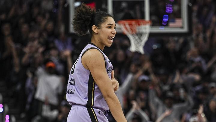 Jun 2, 2026; San Francisco, California, USA; Golden State Valkyries forward Janelle Salaun (13) reacts after a three point basket against the Portland Fire during the fourth quarter at Chase Center. Mandatory Credit: Justine Willard-Imagn Images