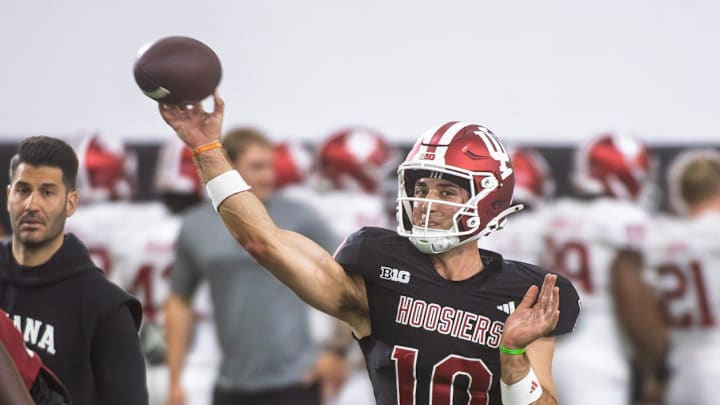Indiana's Josh Hoover (10) during Indiana football spring practice on Thursday, April 16, 2026.
