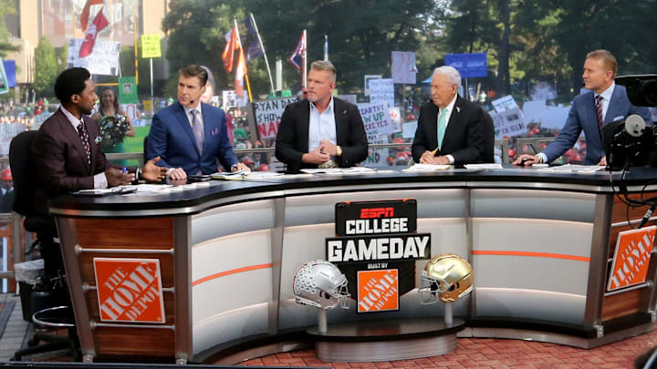 The ESPN College GameDay show is broadcast on Saturday, Sept. 23, 2023, on the Hesburgh Library lawn on the University of Notre Dame campus in South Bend, Ind.