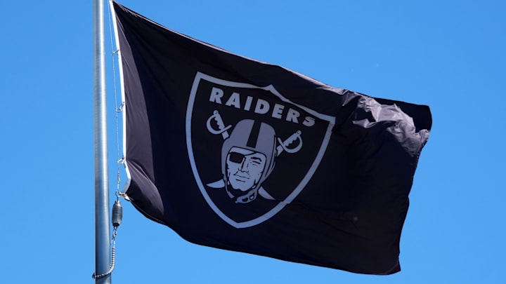 Jul 24, 2025; Henderson, NV, USA; A Las Vegas Raiders shield logo flag at the Intermountain Healthcare Performance Center. Mandatory Credit: Kirby Lee-Imagn Images