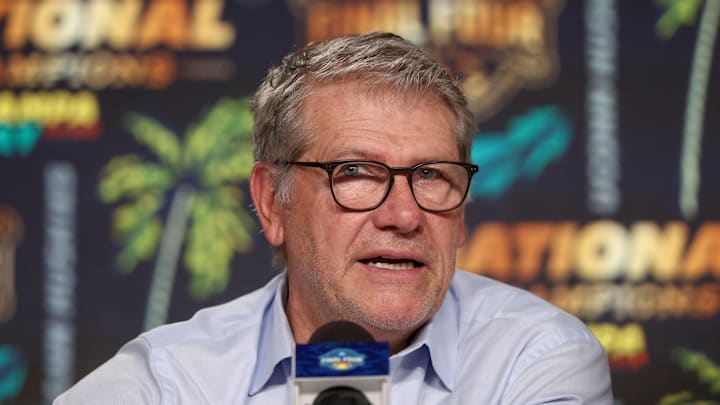 Apr 6, 2025; Tampa, FL, USA; Connecticut Huskies head coach Geno Auriemma speaks to the media after the national championship of the women's 2025 NCAA tournament against the South Carolina Gamecocks at Amalie Arena. Mandatory Credit: Nathan Ray Seebeck-Imagn Images Apr 6, 2025; Tampa, FL, USA; Connecticut Huskies head coach Geno Auriemma speaks to the media after the national championship of the women's 2025 NCAA tournament against the South Carolina Gamecocks at Amalie Arena. Mandatory Credit: Nathan Ray Seebeck-Imagn Images