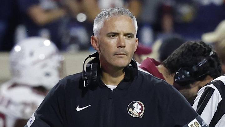 Sep 26, 2025; Charlottesville, Virginia, USA; Florida State Seminoles head coach Mike Norvell looks on during a stoppage in play against the Virginia Cavaliers at Scott Stadium. Mandatory Credit: Geoff Burke-Imagn Images
