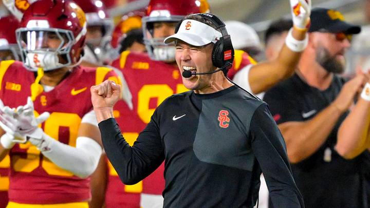 Oct 11, 2025; Los Angeles, California, USA; USC Trojans head coach Lincoln Riley celebrates after kicker Ryon Sayeri (48) hit a 54-yard field goal in the second half against the Michigan Wolverines at United Airlines Field at the Los Angeles Memorial Coliseum. Oct 11, 2025; Los Angeles, California, USA; USC Trojans head coach Lincoln Riley celebrates after kicker Ryon Sayeri (48) hit a 54-yard field goal in the second half against the Michigan Wolverines at United Airlines Field at the Los Angeles Memorial Coliseum.