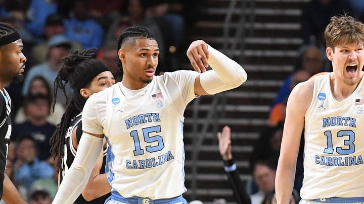 North Carolina Tar Heels center Henri Veesaar (13) celebrates after scoring Thursday, March 19, 2026, during the NCAA Men’s Basketball Tournament first round game against the VCU Rams at Bon Secours Wellness Arena in Greenville, South Carolina. VCU Rams won 82-78 in OT.