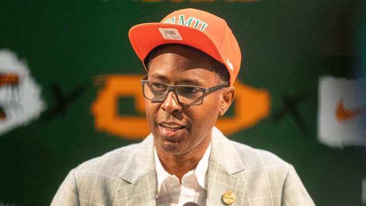 Heisman trophy winner and former NBA player Charlie Ward speaks at an introductory press conference as the new head basketball coach for FAMU at the Al Lawson Multipurpose Center Monday, April 21, 2025.