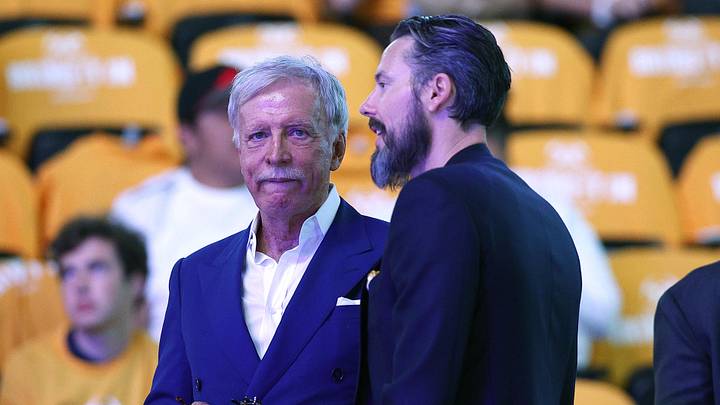 Jun 1, 2023; Denver, CO, USA; Denver Nuggets owner Stan Kroenke  (left) and vice chairman Josh Kroenke  before the game against the Miami Heat in game one of the 2023 NBA Finals at Ball Arena.