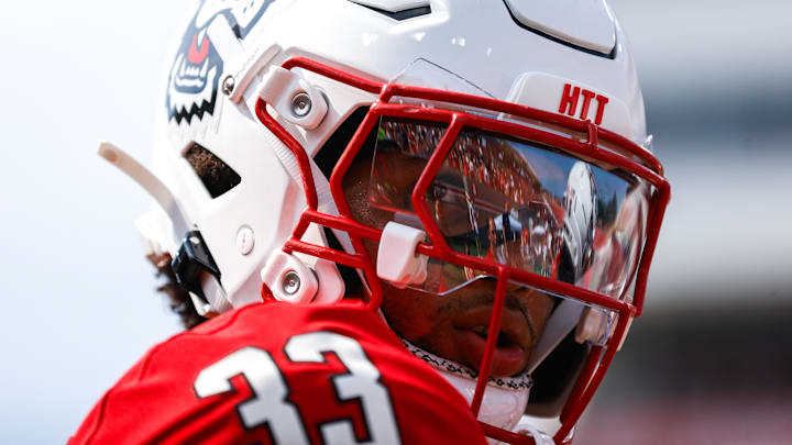 Sep 6, 2025; Raleigh, North Carolina, USA; North Carolina State Wolfpack linebacker Kenny Soares Jr. (33) looks on during warmups of the game against Virginia Cavaliers at Carter-Finley Stadium. Mandatory Credit: Jaylynn Nash-Imagn Images