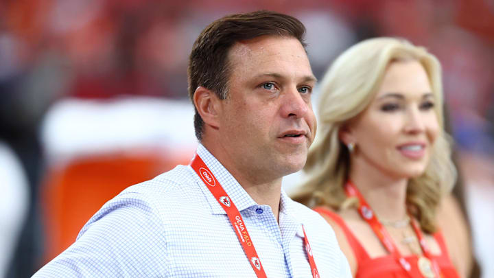 Aug 9, 2025; Glendale, Arizona, USA; Kansas City Chiefs general manager Brett Veach against the Arizona Cardinals during a preseason NFL game at State Farm Stadium. Mandatory Credit: Mark J. Rebilas-Imagn Images | Mark J. Rebilas-Imagn Images