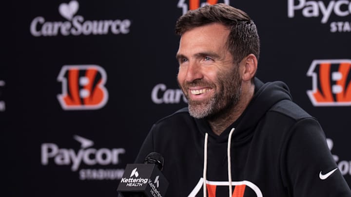 Bengals quarterback Joe Flacco smiles during a press conference at Paycor Stadium in Cincinnati on Oct. 14, 2025. Bengals quarterback Joe Flacco smiles during a press conference at Paycor Stadium in Cincinnati on Oct. 14, 2025.