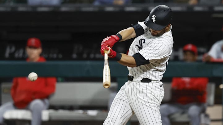 Chicago White Sox outfielder Andrew Benintendi strokes an RBI-single against the Los Angeles Angels during the eighth inning at Guaranteed Rate Field last September. 