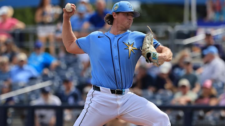 Feb 27, 2026; Port Charlotte, Florida, USA; Tampa Bay Rays starting pitcher Ryan Pepiot (44) throws a pitch during the first inning against the Toronto Blue Jays at Charlotte Sports Park.