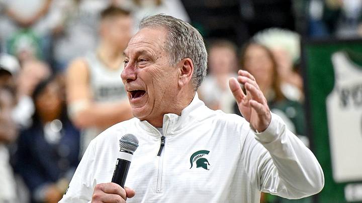 Michigan State's head coach Tom Izzo talks to the fans during the senior night ceremony after the Spartans win over Rutgers on Thursday, March 5, 2026, at the Breslin Center in East Lansing. Michigan State's head coach Tom Izzo talks to the fans during the senior night ceremony after the Spartans win over Rutgers on Thursday, March 5, 2026, at the Breslin Center in East Lansing.