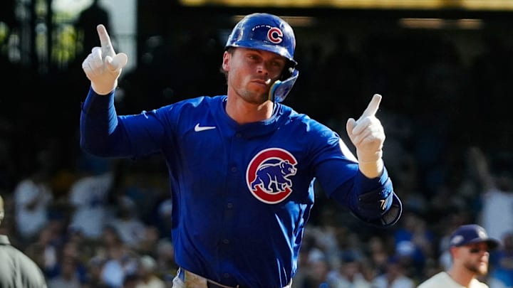 Chicago Cubs second baseman Nico Hoerner (2) homers (1) on a fly ball to left field during the eighth inning of the National League Division Series game against the Milwaukee Brewers on Saturday October 4, 2025 at American Family Field in Milwaukee, Wisconsin.