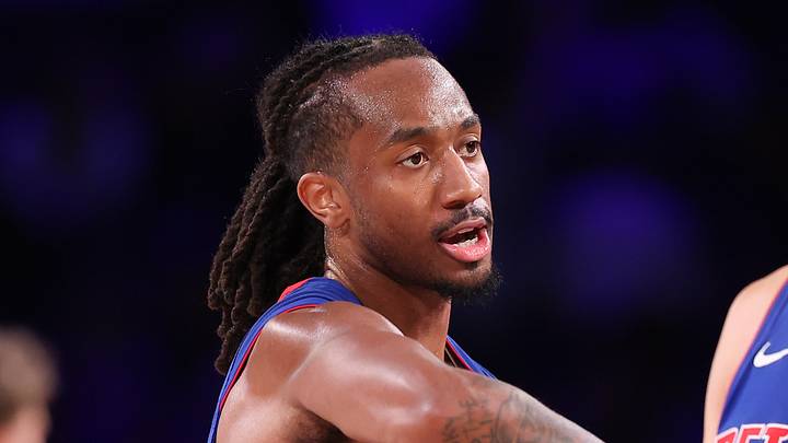 Oct 25, 2026; Philadelphia, Pennsylvania, USA; Detroit Pistons guard Daniss Jenkins (24) reacts after a score against the Philadelphia 76ers during the fourth quarter at Xfinity Mobile Arena. Mandatory Credit: Bill Streicher-Imagn Images