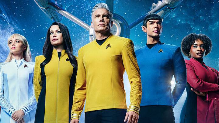 Key Art for Star Trek: Strange New Worlds Season 4, featuring Babs Olusanmokun as M’Benga, Melissa Navia as Ortegas, Jess Bush as Chapel, Rebecca Romijn as Una, Anson Mount as Captain Pike, Ethan Peck as Spock, Celia Rose Gooding as Uhura, Christina Chong as La’an and Paul Wesley as Kirk, streaming on Paramount+ 2026. Photo credit: Paramount+. Key Art for Star Trek: Strange New Worlds Season 4, featuring Babs Olusanmokun as M’Benga, Melissa Navia as Ortegas, Jess Bush as Chapel, Rebecca Romijn as Una, Anson Mount as Captain Pike, Ethan Peck as Spock, Celia Rose Gooding as Uhura, Christina Chong as La’an and Paul Wesley as Kirk, streaming on Paramount+ 2026. Photo credit: Paramount+.