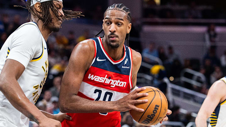 Apr 8, 2025; Indianapolis, Indiana, USA; Washington Wizards forward Alex Sarr (20) dribbles the ball while Indiana Pacers center Myles Turner (33) defends in the second half at Gainbridge Fieldhouse. Mandatory Credit: Trevor Ruszkowski-Imagn Images Apr 8, 2025; Indianapolis, Indiana, USA; Washington Wizards forward Alex Sarr (20) dribbles the ball while Indiana Pacers center Myles Turner (33) defends in the second half at Gainbridge Fieldhouse. Mandatory Credit: Trevor Ruszkowski-Imagn Images