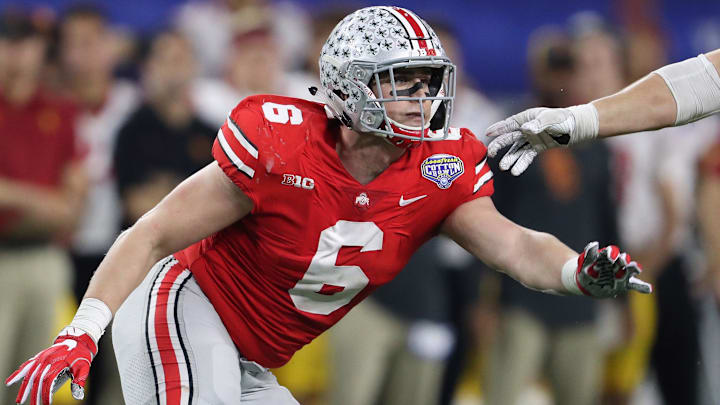 Dec 29, 2017; Arlington, TX, USA; Ohio State Buckeyes defensive end Sam Hubbard (6) in action against Southern California Trojans tackle Toa Lobendahn (50) in the 2017 Cotton Bowl at AT&T Stadium. Mandatory Credit: Matthew Emmons-Imagn Images