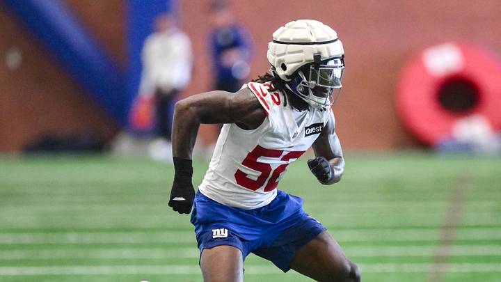May 21, 2026; East Rutherford, NJ, USA; New York Giants linebacker Arvell Reese (52) participates in a drill during organized team activities at Quest Diagnostics Training Center. Mandatory Credit: John Jones-Imagn Images